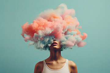woman with colorful smoke cloud on her head