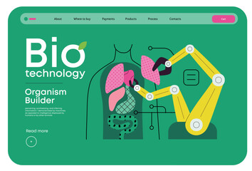 Bio Technology, Organism Builder -modern flat vector concept illustration of robot assembling organism using blocks, parts representing organ systems. Metaphor of regenerative medicine and 3D printing