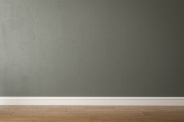 Blank dark green wall in house, baseboard on wooden parquet in sunlight for luxury interior design decoration, home appliance product background.3D Rendering