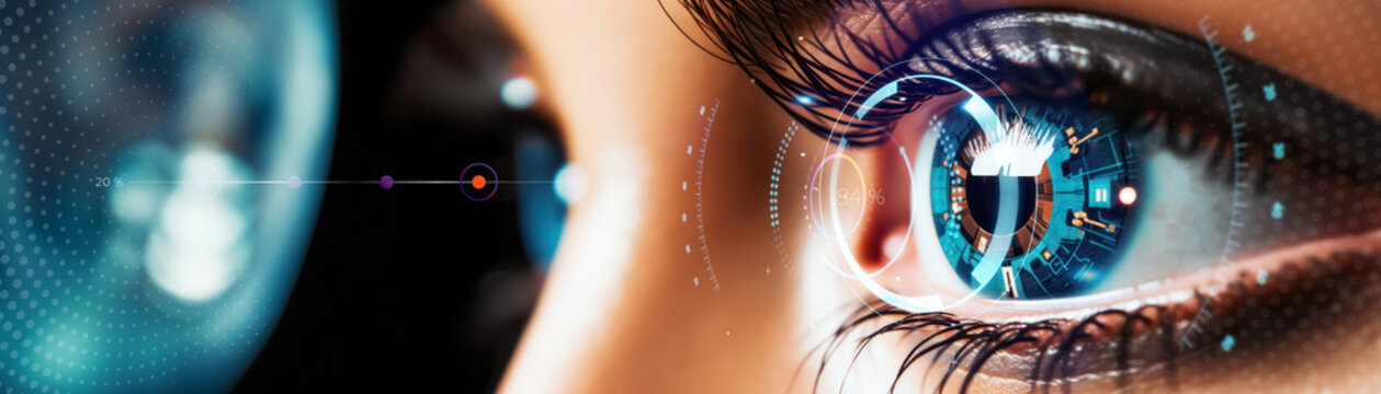 closeup of a human eye with virtual hologram elements for surveillance and digital ID verification or Lasik vision laser correction as wide banner with copy space area - Generative Ai