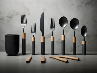 Modern and sophisticated design of expensive cutlery and kitchenware. Black titanium cutlery and oak handles. Luxury cutlery collection. Generative AI