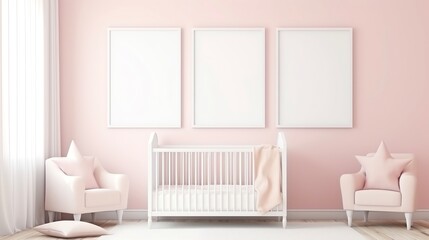 Mockup Frame Triple Centered in Pink Baby Girl Nursery Star Pillow