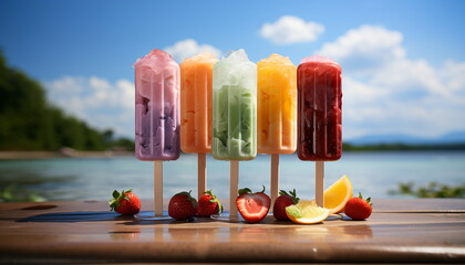 Colorful fruit ice pops  surrounded by fruits on a summer sunny day