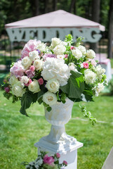 Romantic wedding bouquet outdoors in the garden holiday date banquet