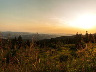 View from the top of mount Dreisessel, bavarian forest, germany, during sundown in summer outdoors