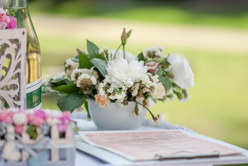 Romantic wedding bouquet outdoors in the garden holiday date banquet