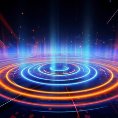  Energy lines radiating from a fluid circle, neon background