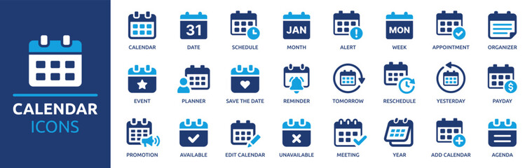 Calendar icon set. Containing date, schedule, month, week, appointment, agenda, organization and event icons. Solid icon collection. Vector illustration.