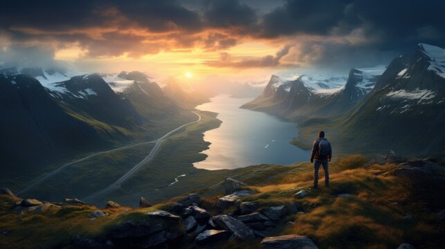 a person stands with his back in the nordic fjord mountains and watches to the horizon at a beautiful sea lake in the sunset. 16:9 ratio perfect for a pc desktop wallpaper background. Generative AI