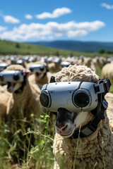 Flock of sheep wear VR virtual reality 3d goggles eyeglasses headset