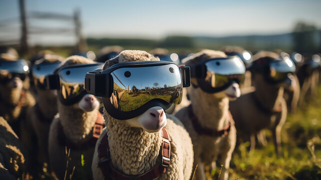 Flock of sheep wear VR virtual reality 3d goggles eyeglasses headset
