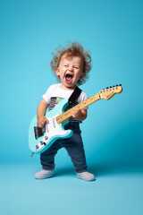 Little baby boy playing electric guitar against  light pastel blue background. Concept of happiness, good music, children's party, birthday celebrations. Generative AI.