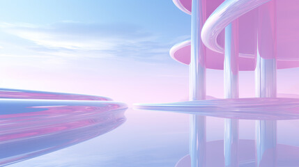 Abstract background in nature landscape. Transparent glossy glass objects with pink desert and blue sky. Holographic curved waves. Iridescent design element. Generative AI.