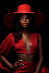 Beautiful black woman in an elegant red dress. Fashion and beauty concept. Generative AI.