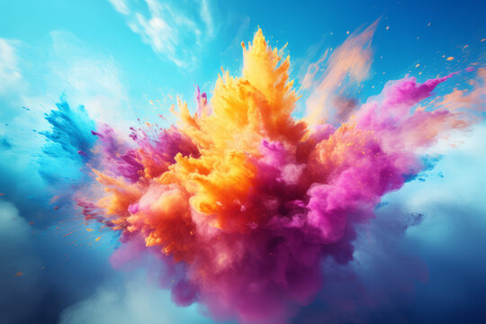 Colored powder explosion. Colorful rainbow holi paint splash on the background of a sunny blue sky. Hindu festival of colors. Generative AI.