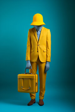 Yellow suit and hat, in the style of surreal robotics. Social media portraiture, packed with hidden details, minimalistic sophistication. Anthropomorphic surrealism. Generative AI.