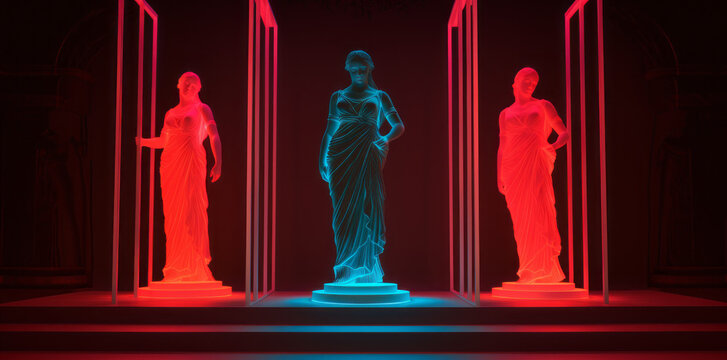 Three female busts of different colors, on dar red wall, in the style of cyberpunk Bold compositions, vibrant, exaggerated scenes. Generative AI.