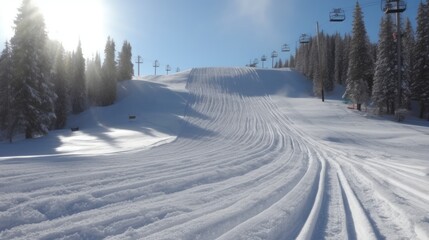 Ski slopes on sunny day, snow covered mountains, slopes landscape, AI