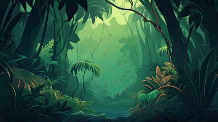 Fototapeta na wymiar Jungle background illustration image, graphic recourse, backdrop artwork, website banner, background landscape, AI