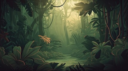 Jungle background illustration image, graphic recourse, backdrop artwork, website banner, background landscape, AI