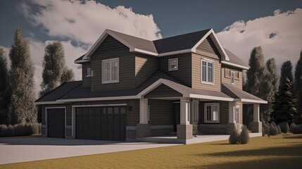 3D Cad rendering of a house on the computer, mockup of house design in revit or autocad, AI	