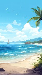 Fototapeta na wymiar Beach and sailboat background illustration image, graphic recourse, backdrop artwork, website banner, background landscape, cell background, AI