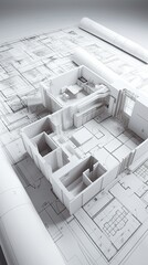 Cad 3d rendering of a house plan, mockup of house design in 3d, cad drafting in revit or autocad, AI