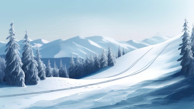 Winter ski sloped background illustration image, graphic recourse, backdrop artwork, website banner, background landscape, AI