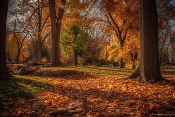 Fototapeta premium Autumn landscape with maple trees and fallen leaves on the ground AI-Generated 