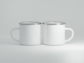 White coffee 12 oz cups with copy space for the logo, text or design on a white background. Mock up for drink concept. Two mugs. 3D Rendering.