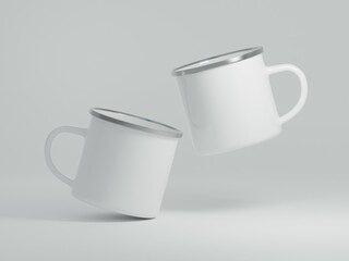 Realistic 12 oz Camping Enamel Rotated and Floating Mugs Mock Up on a Plain White Background as 3D Rendering - Two Mugs.