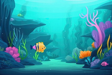 Underwater sea background cartoon illustration, copy space