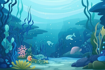 Fototapeta na wymiar Underwater sea background cartoon illustration, copy space