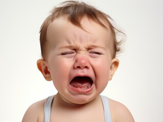 a closeup photo of a cute little baby boy child crying and screaming isolated on white background. Generative AI