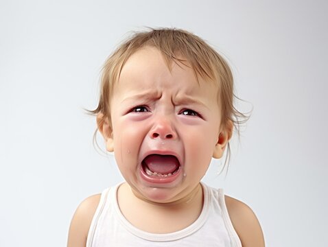 a closeup photo of a cute little baby girl child crying and screaming isolated on white background. Generative AI