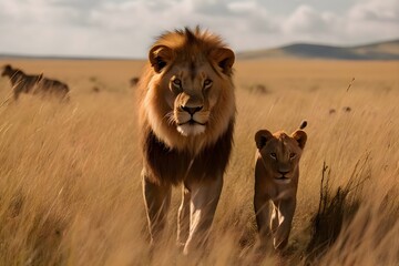 Father lion and cub wandering together