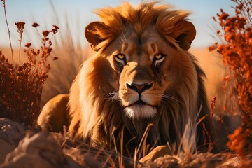 Fototapeta premium Portrait of a lion resting in the Sahara