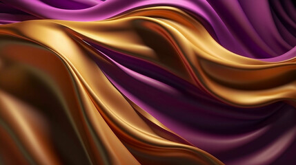 Fototapeta na wymiar Abstract 3D purple and gold silky smooth flowing material concept background