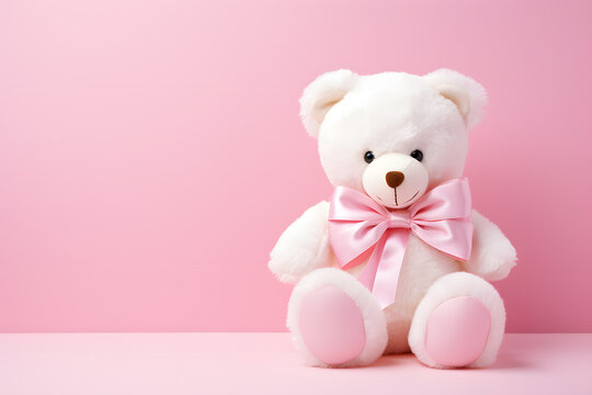 Naklejki Lovable and pretty teddy bear with ribbon and giftbox, for child, childhood, birthday, party, gift, bed, bedtime 