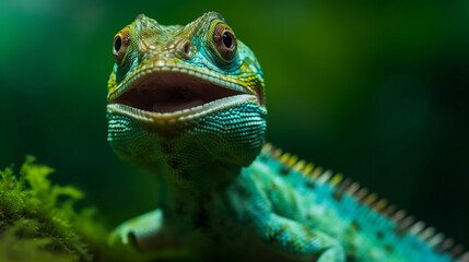 Fototapeta premium scale glasses reptile portrait lizard wildlife iguana green close-up animal. Generative AI.
