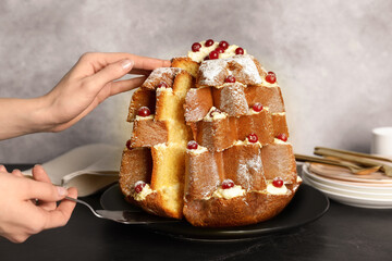 Woman taking slice of delicious Pandoro Christmas tree cake with powdered sugar and berries at...