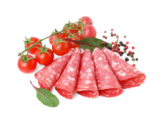 Slices of delicious salami, tomatoes, pepper and spinach isolated on white