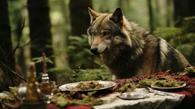 A wolf sitting at a table with plates of food. Generative AI image.