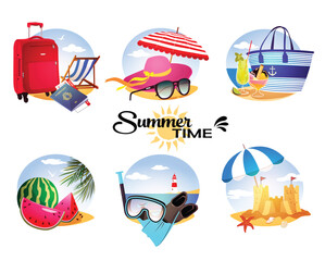 Set of sunny summer time labels and icons
