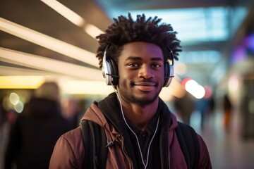 a closeup photo portrait of handsome afro american teenage guy walking and listening to music with over-ear headphones. blurry shopping mall in the background. Generative AI