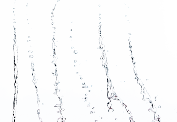 Shape form droplet of Water splashes into drop water line tube attack fluttering in air and stop motion freeze shot. Splash Water for texture graphic resource elements, White background isolated