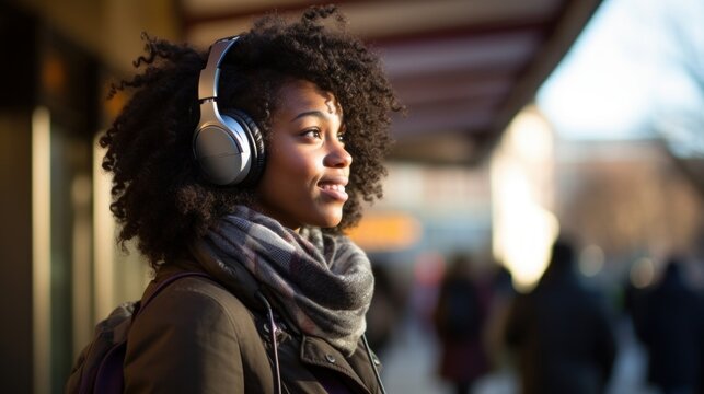 a closeup photo portrait of beautiful black afro american teenage girl walking and listening to music with over-ear headphones. blurry bus station in the background. Generative AI