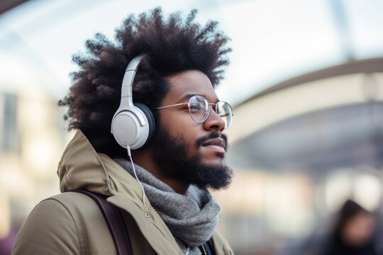 A Closeup Photo Portrait Of Handsome Afro American Teenage Guy With Glasses Walking And Listening To Music With Over-ear Headphones. Blurry City Street In The Background. Generative AI