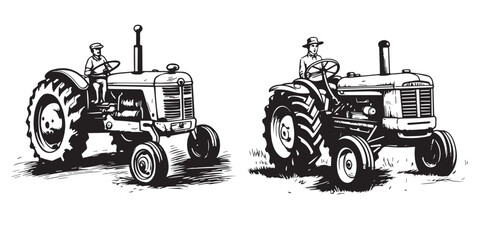 Line art Old farmer tractor vector illustration