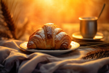 croissant food background morning drink bokeh background breakfast table bakery cafe cup. Generative AI.